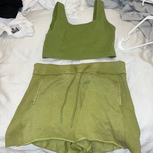 matching green sweat shorts and tank